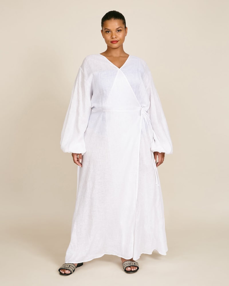 Front of a model wearing a size 10 Dusk Till Dawn Cover Up in White by Saint Somebody. | dia_product_style_image_id:225507